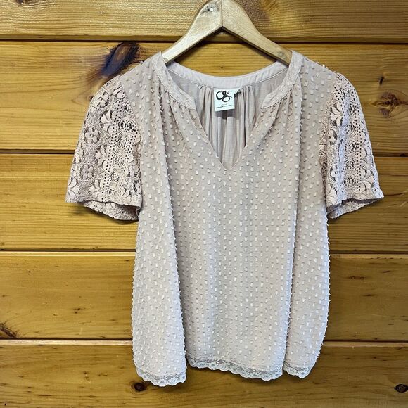 Anthropologie One September Women Small Lace Top Beige Casual Swiss Dot Fairy - Picture 5 of 5